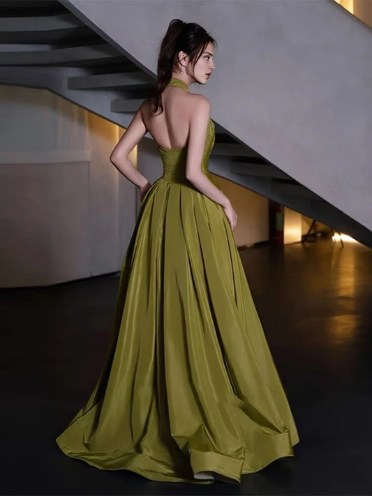 Formal Women's Dresses Halter A Line Green Satin A Line Long Prom Dress Prom Dresses Stores