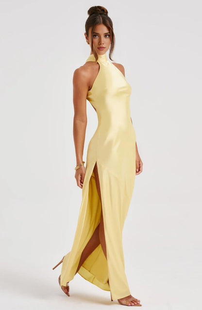 Halter Bridesmaid Dresses for Women Long Bodycon Prom Dress with Side Slit Ruched Formal Evening Dress