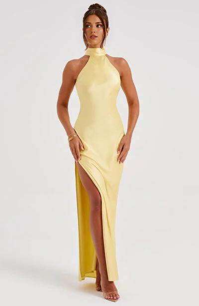 Halter Bridesmaid Dresses for Women Long Bodycon Prom Dress with Side Slit Ruched Formal Evening Dress