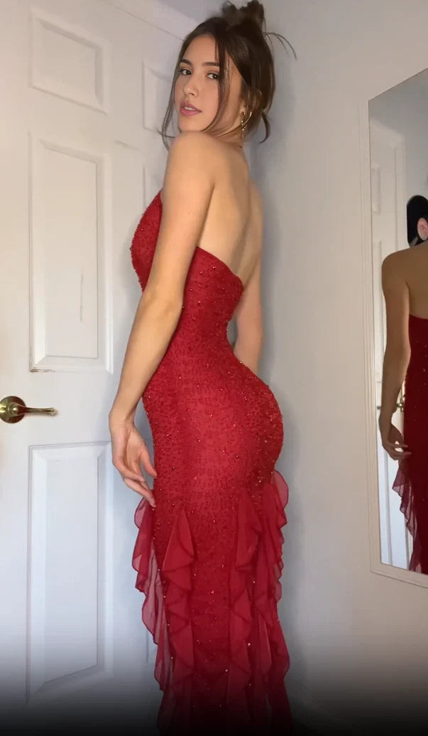 Red Glitter Mermaid Halter Deep‑V Open‑Back Ruffle‑Slit Long Prom Dress For Gala
