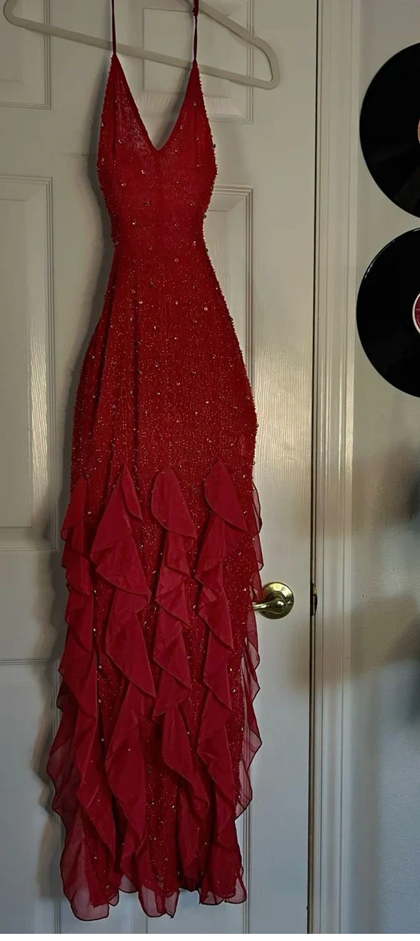 Red Glitter Mermaid Halter Deep‑V Open‑Back Ruffle‑Slit Long Prom Dress For Gala