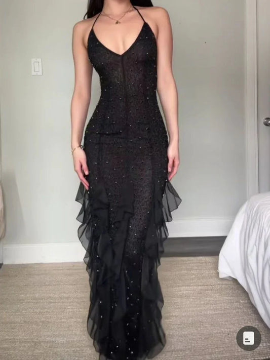 Dress Prom Dress Stores Gorgeous Red Halter Glitter Ruffle Mermaid Long Evening Dress Formal Dresses