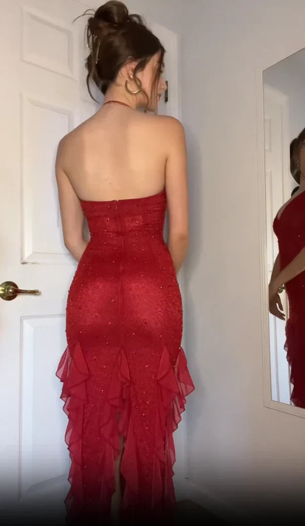 Red Glitter Mermaid Halter Deep‑V Open‑Back Ruffle‑Slit Long Prom Dress For Gala