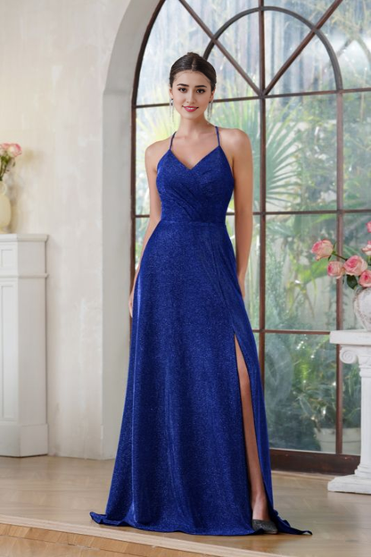 Halter Glitter Side Split Formal Dresses V-Neck Floor Length Evening Prom Dress with Pocket