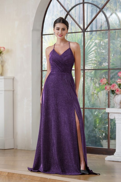 Halter Glitter Side Split Formal Dresses V-Neck Floor Length Evening Prom Dress with Pocket