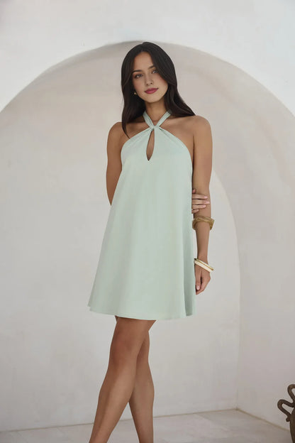 Halter Neck Knee Length Satin Dress Yellow Sleeveless A-Line Simple Solid Color Homecoming Dress