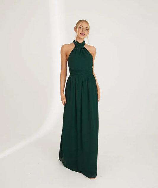 Dress Fashion Halter Neck Pleated Waist Chiffon Bridesmaid Dress Maxi Dress Solid Color Emerald Sleeveless A-Line Prom Dress