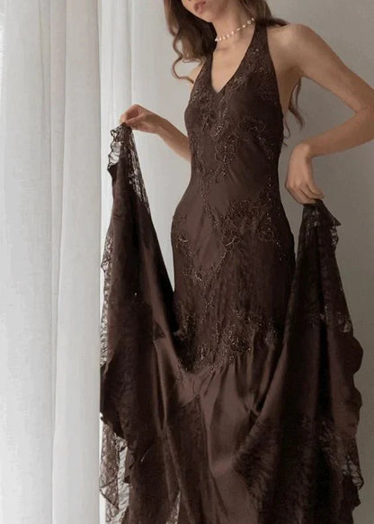 Dress Prom Dress Stores Vintage Halter Party Dress Brown Lace Evening Dress Formal Dresses