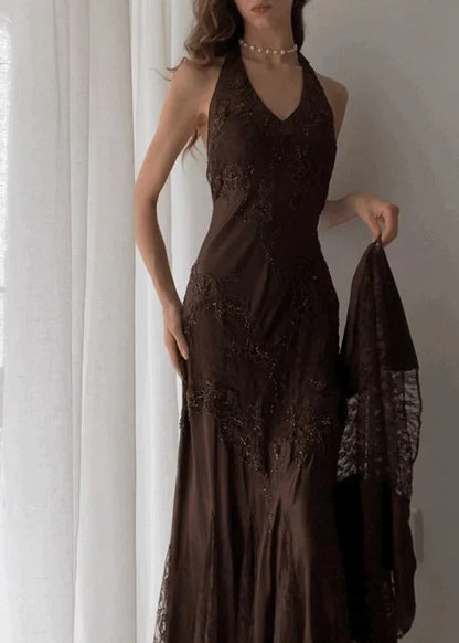 Dress Prom Dress Stores Vintage Halter Party Dress Brown Lace Evening Dress Formal Dresses