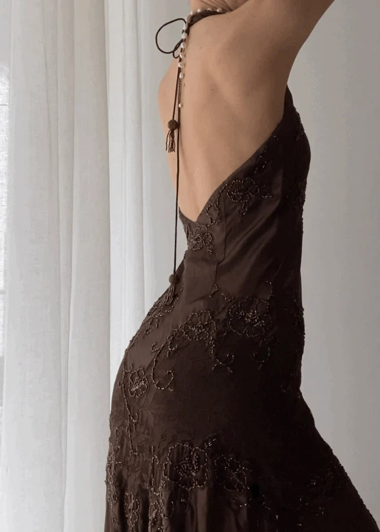 Dress Prom Dress Stores Vintage Halter Party Dress Brown Lace Evening Dress Formal Dresses