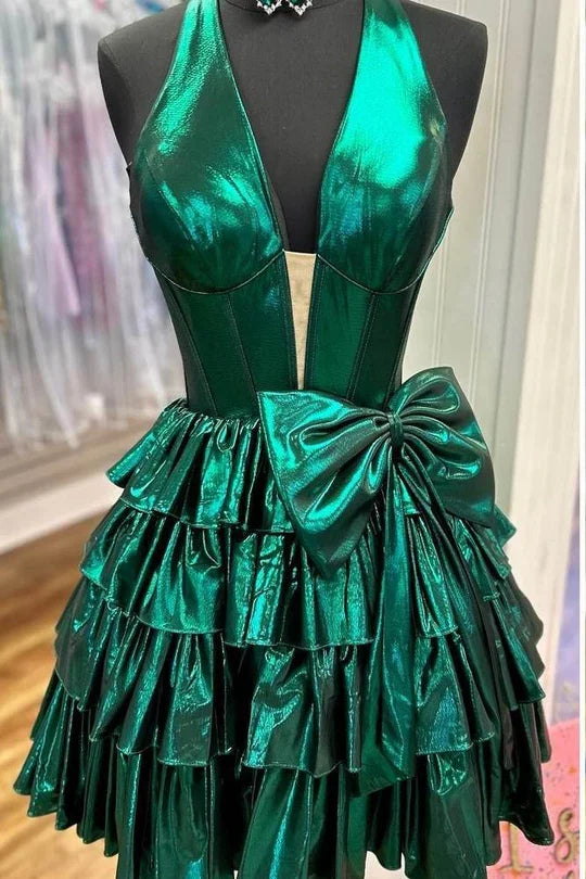 Halter Plunging V Neck Metallic Ruffle Short Homecoming Dress with Bow