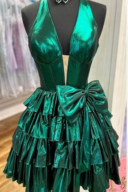 Halter Plunging V Neck Metallic Ruffle Short Homecoming Dress with Bow