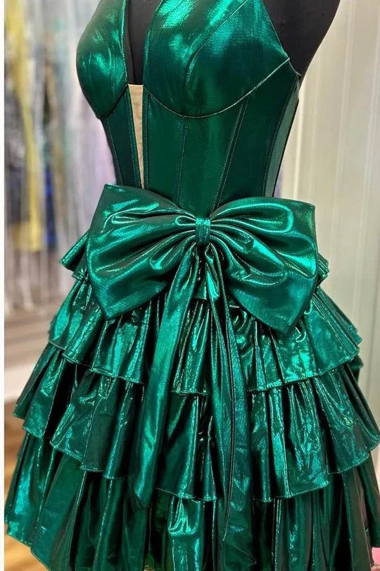 Halter Plunging V Neck Metallic Ruffle Short Homecoming Dress with Bow