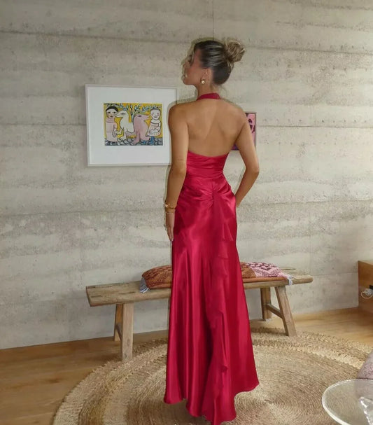 Formal Women's Dresses Halter Red Mermaid Satin Long Prom Dress Prom Dresses Stores