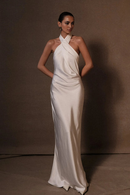 Halter Satin Gown Elegant Satin Prom Dresses For Ladies No Slit Backless Sleeveless Simple Discount Floor Length Prom Dresses