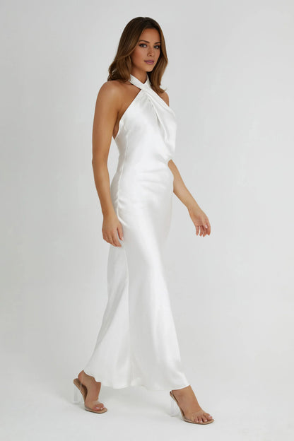 Halter Satin Gown Elegant Satin Prom Dresses For Ladies No Slit Backless Sleeveless Simple Discount Floor Length Prom Dresses