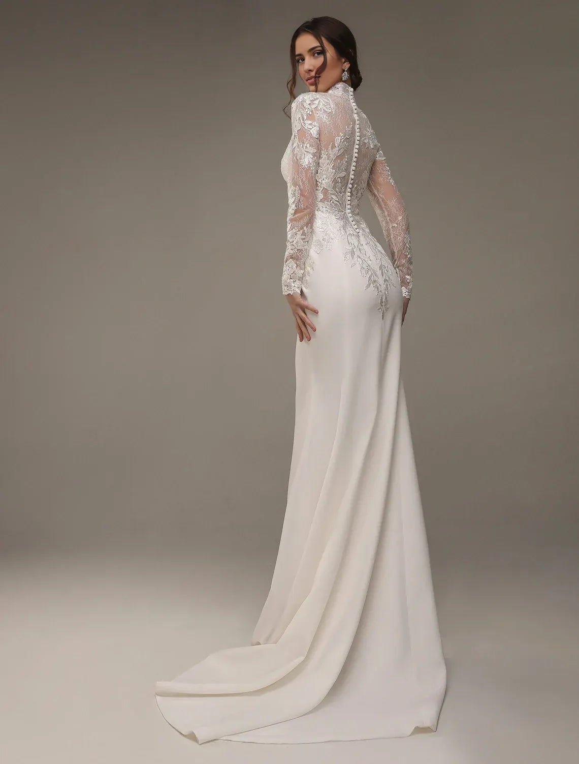 Ivory Lace‑Satin Mermaid High‑Neck Long‑Sheer‑Lace Illusion Button‑Back Chapel‑Train Wedding Dress For Church