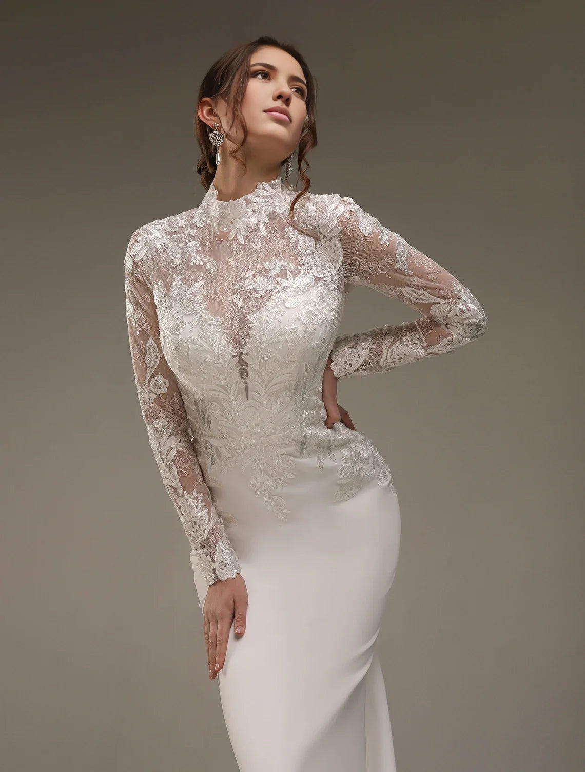 Ivory Lace‑Satin Mermaid High‑Neck Long‑Sheer‑Lace Illusion Button‑Back Chapel‑Train Wedding Dress For Church