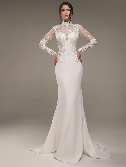 Handmade Satin Bridal Dress Hight Neck Maxi Wedding Dress Train Long Sleeves Lace Decorations Luxurious Wedding Dress High Neck