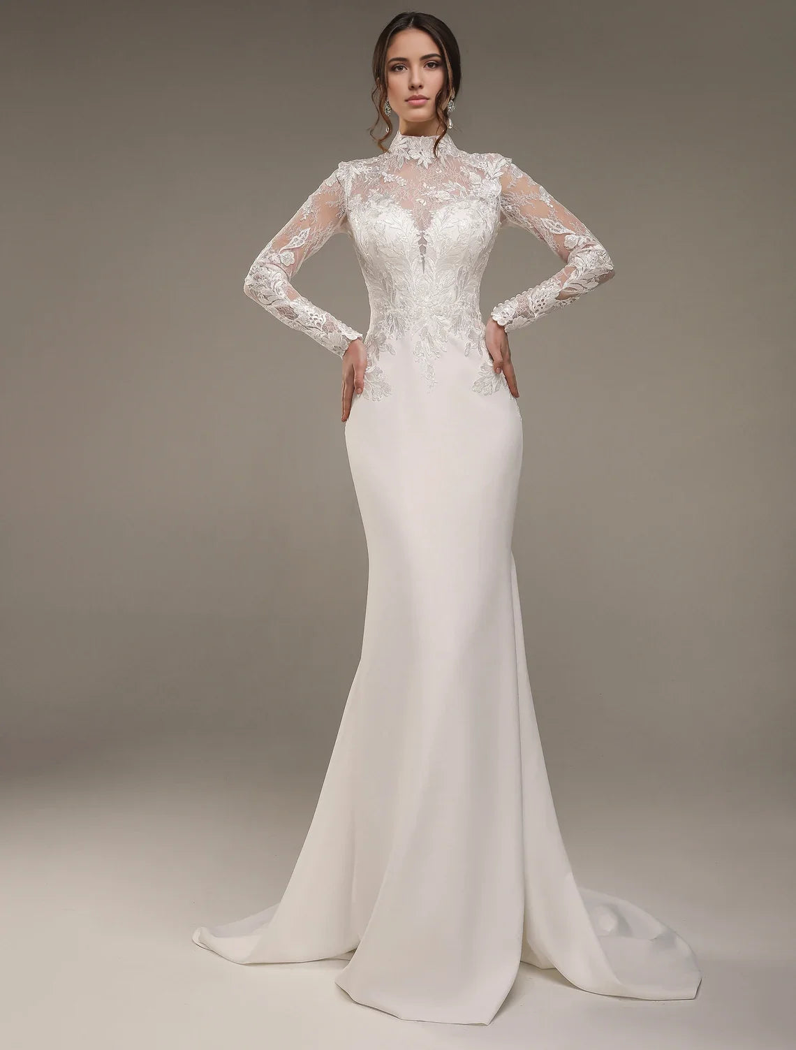 Ivory Lace‑Satin Mermaid High‑Neck Long‑Sheer‑Lace Illusion Button‑Back Chapel‑Train Wedding Dress For Church