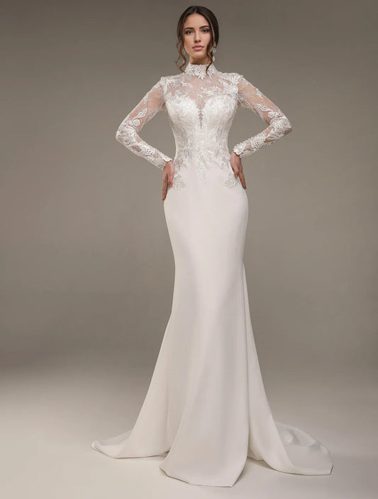 Ivory Lace‑Satin Mermaid High‑Neck Long‑Sheer‑Lace Illusion Button‑Back Chapel‑Train Wedding Dress For Church