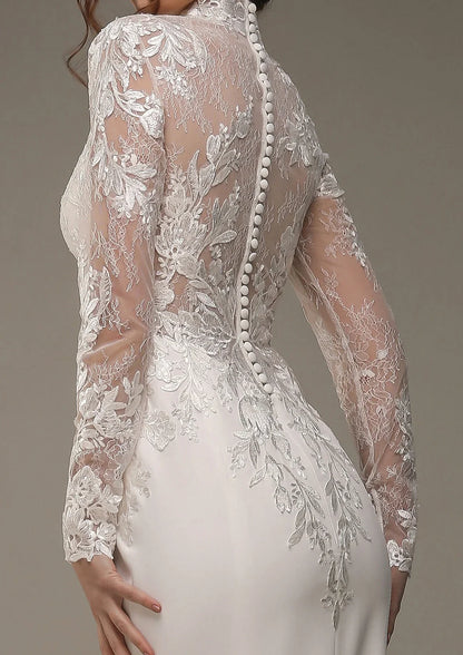 Ivory Lace‑Satin Mermaid High‑Neck Long‑Sheer‑Lace Illusion Button‑Back Chapel‑Train Wedding Dress For Church