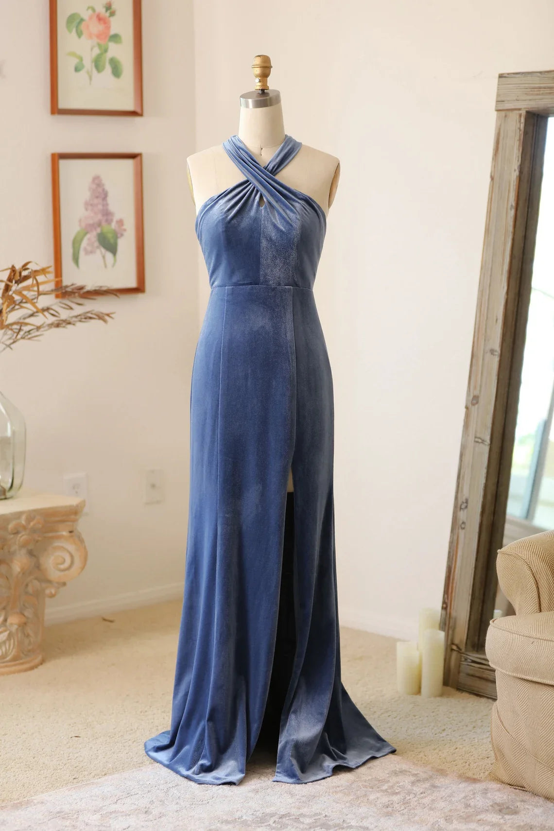 Handmade Velvet Halter Bridesmaid Dress With Slit And Free Multiple Style Long Maxi Formal Gown