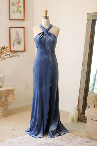 Handmade Velvet Halter Bridesmaid Dress With Slit And Free Multiple Style Long Maxi Formal Gown