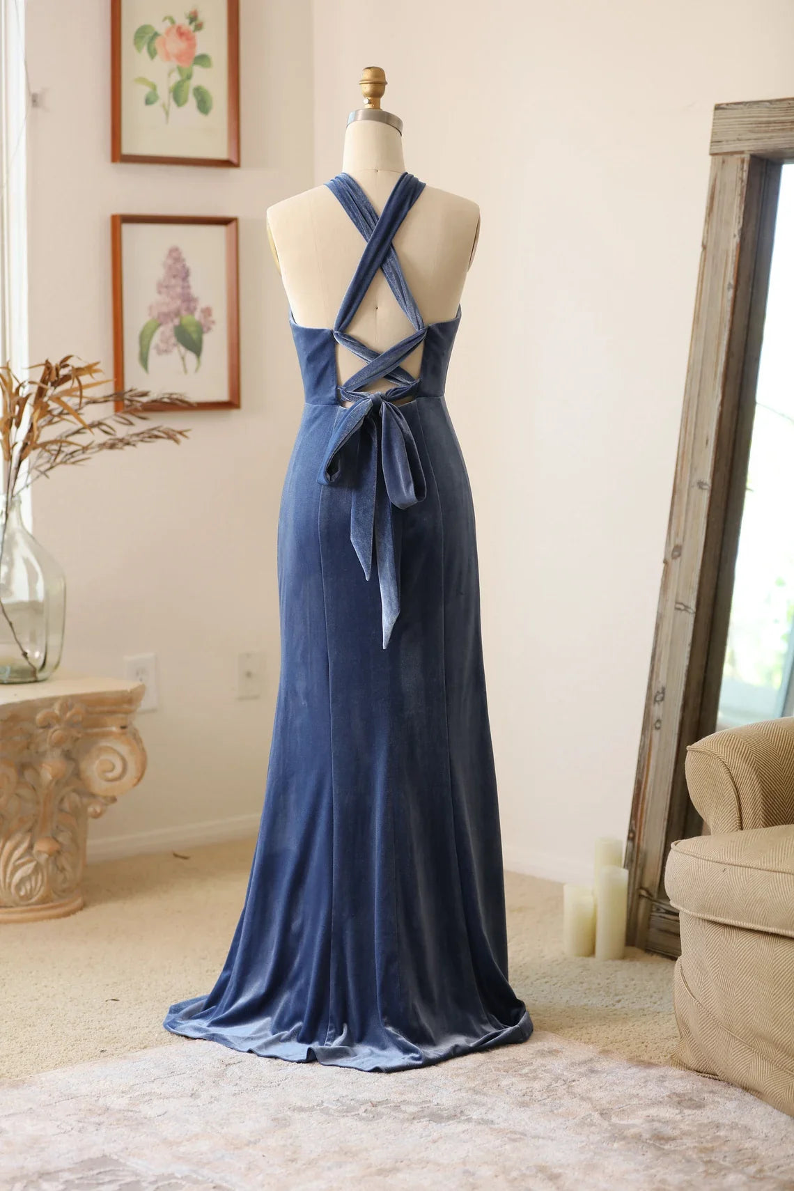 Handmade Velvet Halter Bridesmaid Dress With Slit And Free Multiple Style Long Maxi Formal Gown