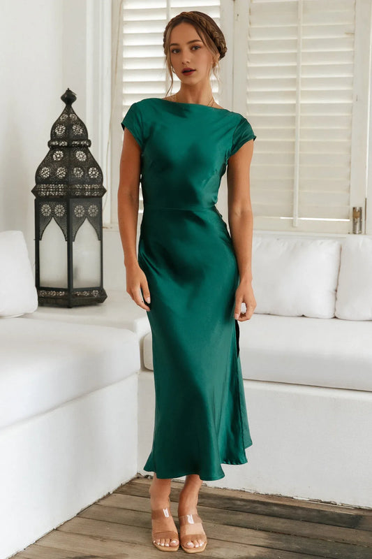 High Cowl Neck Satin Ankle-Length Open Back Dress Forest Green Cap Sleeves Sheath Mermaid Elegant Twisted Band Prom Dress