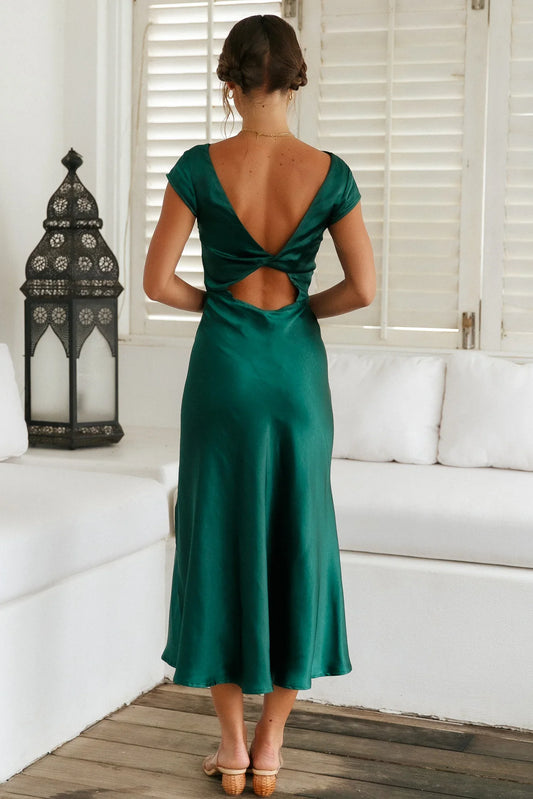 High Cowl Neck Satin Ankle-Length Open Back Dress Forest Green Cap Sleeves Sheath Mermaid Elegant Twisted Band Prom Dress