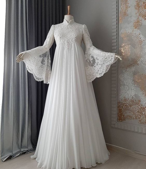 High Neck Long Flared Sleeves Floor Length Trailing Design Prom Dress