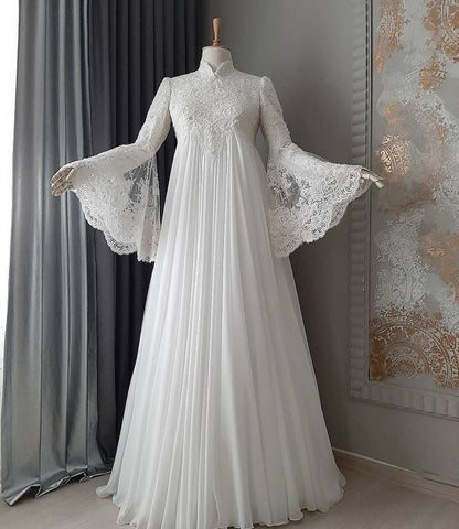 High Neck Long Flared Sleeves Floor Length Trailing Design Prom Dress