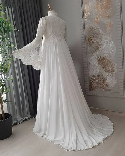 High Neck Long Flared Sleeves Floor Length Trailing Design Prom Dress