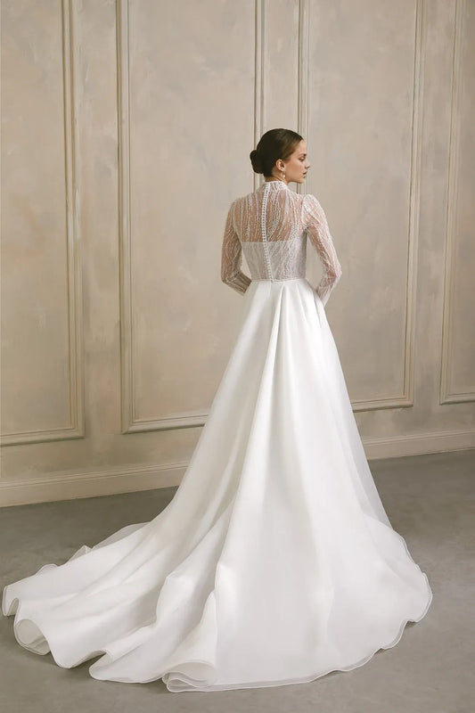 High Neck Modest Wedding Dress Long Sleeve Wedding Dress Embroidered Wedding Gown Lace Wedding Dress A Line Bridal Dress With Long Train