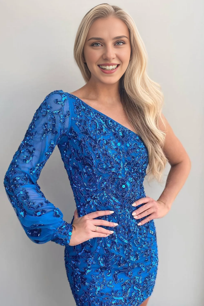 Royal Blue Beaded Sequins One Shoulder Tight Homecoming Dress Formal Wear Dresses Prom Dress Stores