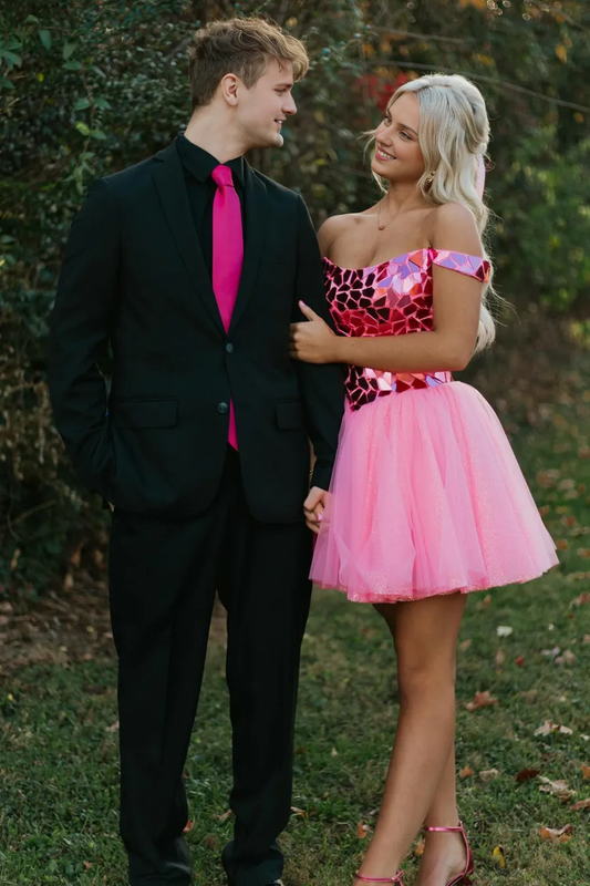 Glitter Pink Off the Shoulder A-Line Tulle Short Homecoming Dress Formal Wear Dresses Prom Dress Stores