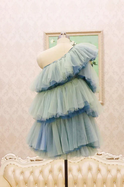 Unique One Shoulder Tulle Multi Layer Homecoming Dress