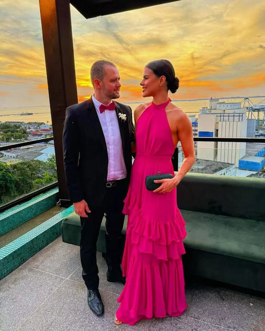 Formal Women's Dresses Halter Hot Pink A Line Ruffled Long Prom Dress Prom Dresses Stores