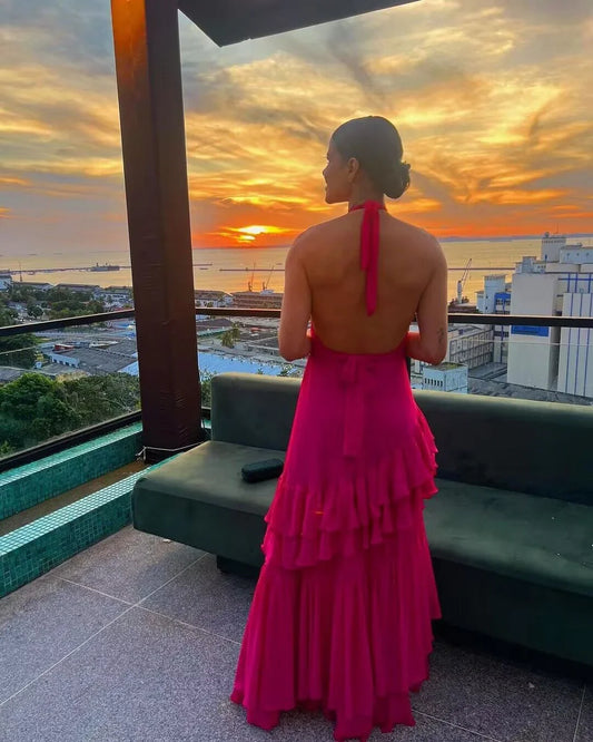 Formal Women's Dresses Halter Hot Pink A Line Ruffled Long Prom Dress Prom Dresses Stores