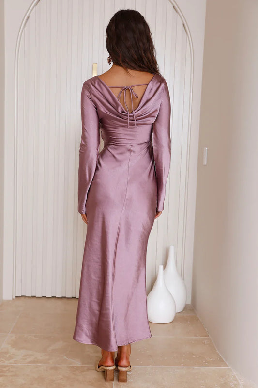 Inexpensive Purple Pretty Long Sleeve Gowns Solid Color Satin Formal Elegant Mermaid No Slit Long Gowns Prom Dresses