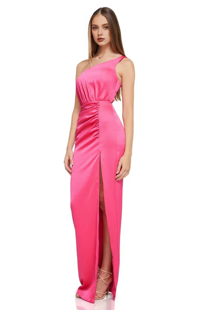 Inexpensive Sheath/Column One Shoulder Sleeveless Satin Floor-Length Prom Dress