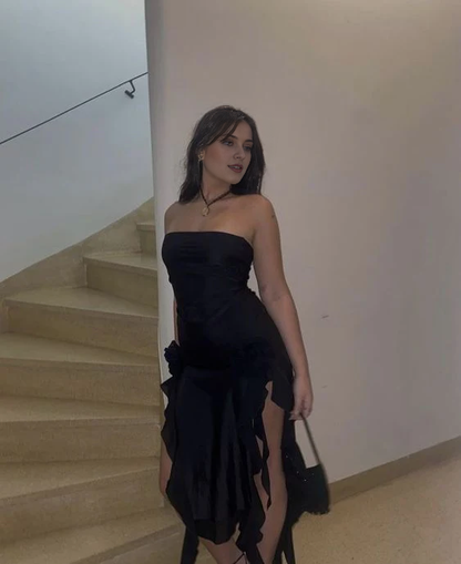 Irregular Ruffle Sexy Sheath Strapless Long Black Slit Floral Prom Dresses