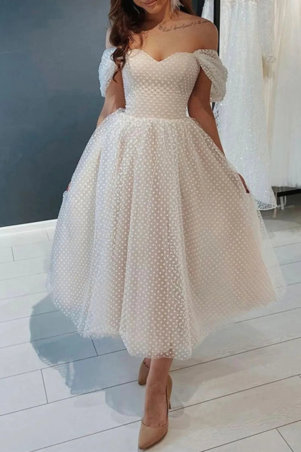Prom Dress Store Princess A Line Off the Shoulder Ivory Tea Length Homecoming Dress Prom Dress Formal Women's Dresses