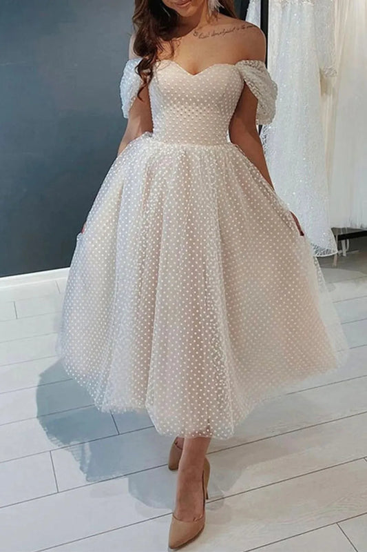 Prom Dress Store Princess A Line Off the Shoulder Ivory Tea Length Homecoming Dress Prom Dress Formal Women's Dresses