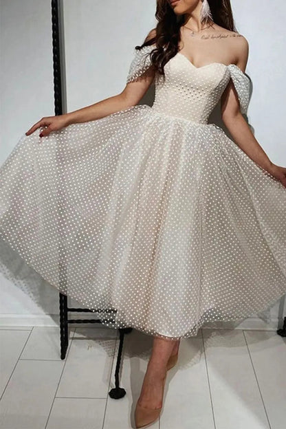 Prom Dress Store Princess A Line Off the Shoulder Ivory Tea Length Homecoming Dress Prom Dress Formal Women's Dresses