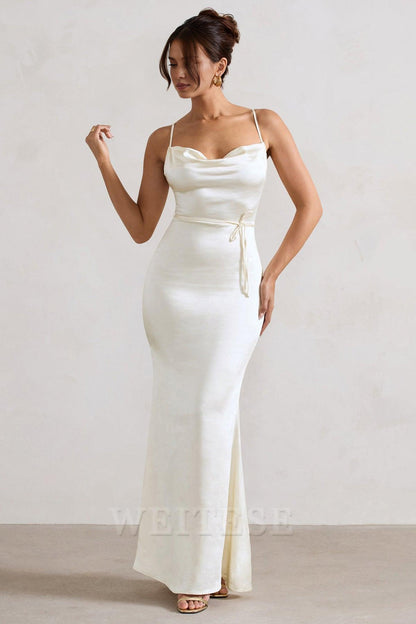 Navy Satin Cowl Neck Maxi Dress Prom Dress With Cross Back Detail Floor Length Bridesmaid Dress
