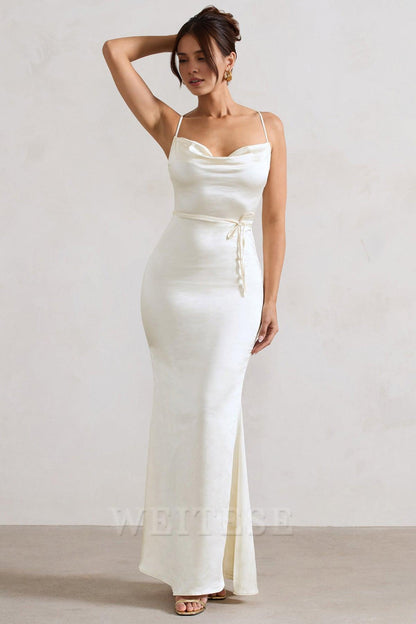 Navy Satin Cowl Neck Maxi Dress Prom Dress With Cross Back Detail Floor Length Bridesmaid Dress