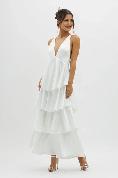 Dress A-line Spaghetti Straps Deep V Neck Tiered Frill Strappy Open Back Prom Dress Lilac
