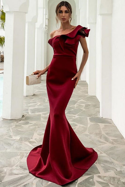 Slim Mermaid One Shoulder Sweep Train Prom Dress
